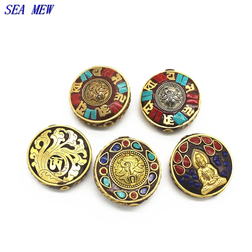 

SEA MEW 5PCS 29mm Copper Beads Vintage Nepal Beads Flat Bead 2.1mm Hole Beads For Jewelry Making
