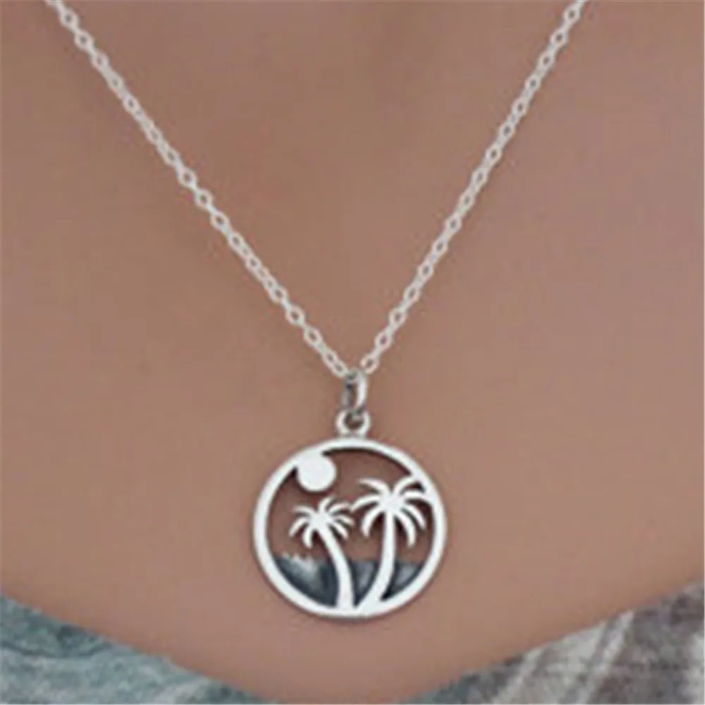 Round Beach Palm Trees Chain necklace Cute Lovely Plant Fashion Necklaces Pendant for Women Girls Best Gift | Украшения и