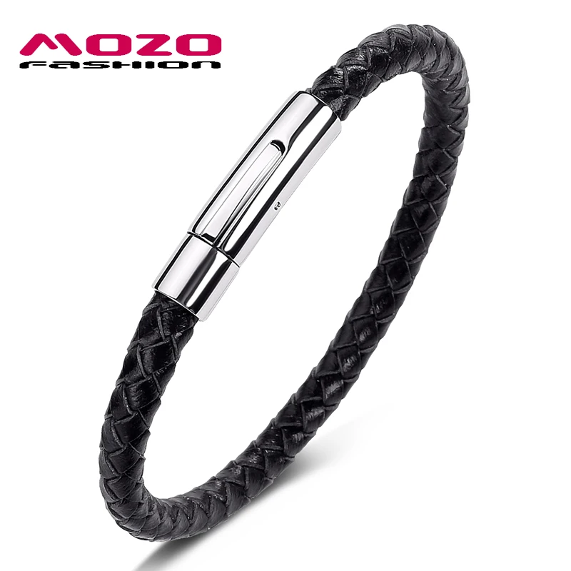 

MOZO FASHION Men Bracelet Black Brown Handmade Leather Bracelet Stainless Steel Snap Button Bracelets Casual Male Jewelry PS1003