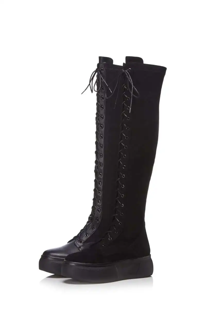 kid suede black Lenkisen/ г. Модные женские уличные сапоги выше колена из натуральной кожи на молнии с круглым носком на толстой высокой подошве, mujer L95 - Цвет: kid suede black