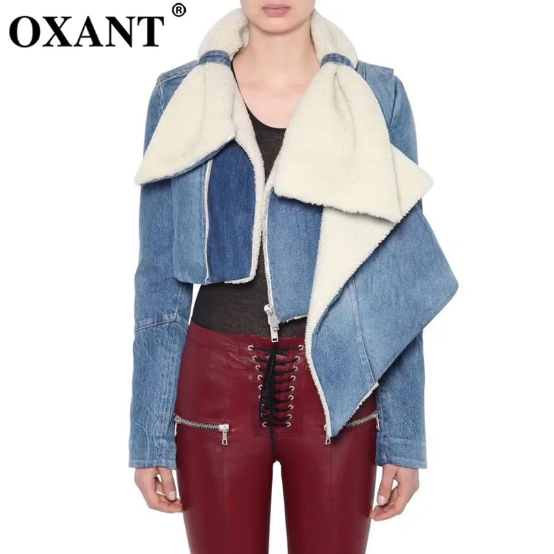 Женская моющаяся джинсовая куртка OXANT короткая мотоциклетная с лацканами и