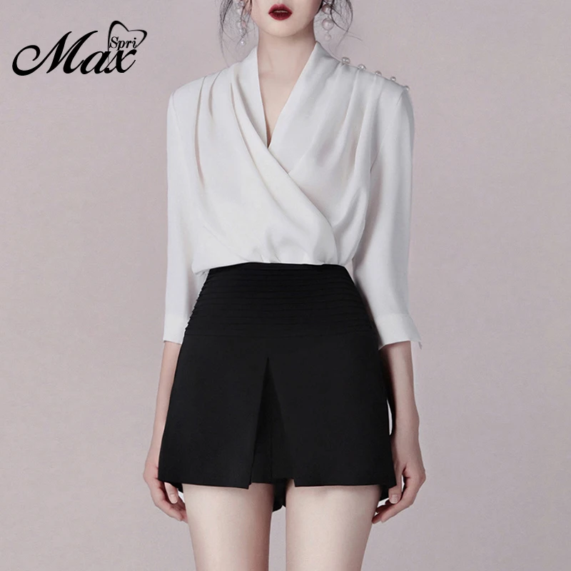 Женский офисный костюм из 2 предметов Max Spri черный топ с глубоким v-образным