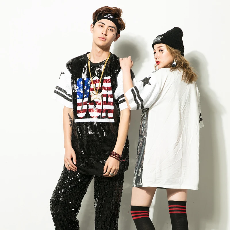New adult sequin jazz men's modern dance costumes hip-hop loose t - shirt ds performance clothing | Тематическая одежда и