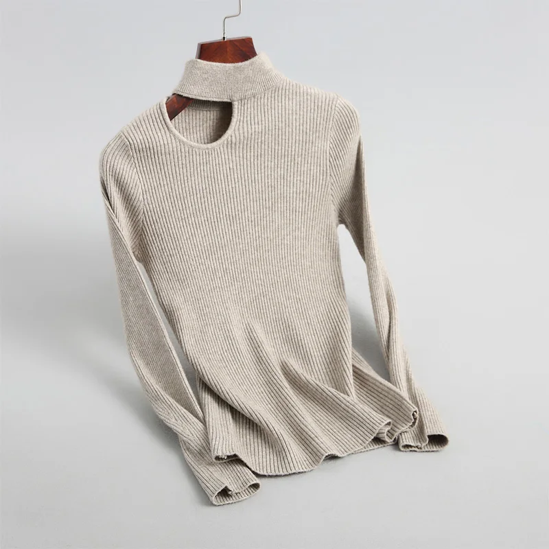 2019 spring casual solid color sweater female high collar Slim long-sleeved exposed collarbone | Женская одежда