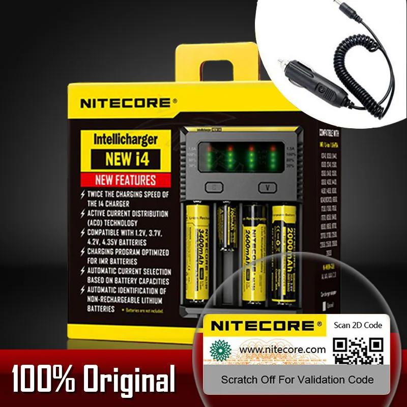 I4 Add Car Cable Бренд Nitecore D4 I4 I2 D2 Digicharger ЖК-дисплей интеллектуальной интегральной схемой литий-ионный аккумулятор для 26650 18650 18350 16340 14500 10440 AA AAA 22650 - Цвет: I4 Add Car Cable