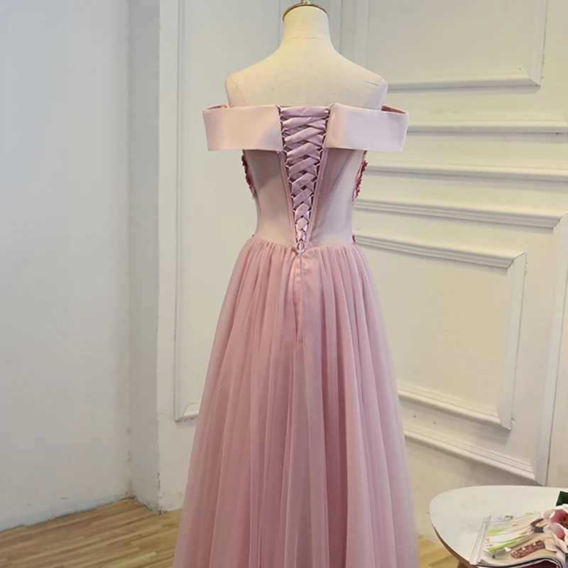 AnXin SH Pink flower lace new style boat neck satin slim a line evening dress hostess beading grey little black | Свадьбы и