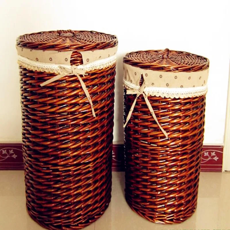 2016  Eco-friendly Baskets Storage Bins Dirty Clothes Wicker Storage Boxes Laundry Basket Round Shape Large Capacity with Cover