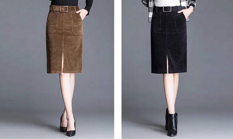 Casual Corduroy Skirts Womens Autumn Winter Black Brown Knee-Length High Waist Skirt Plus Size 3XL Ladies Slim Straight Skirt