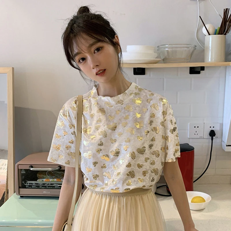 

Harajuku College Style Short Sleeved Summer Shirt Loose Korean 2019 Love Sequin Hip Pop Girls Summer Women Shirts Blouses