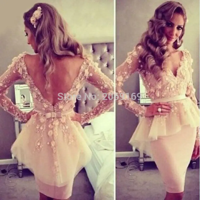 

2020 New Elegant Out Fit Delicate Lace Long Sleeve Evening Dress V Neck Appliques Flowers Vestido De Festa Curto Prom Dresses