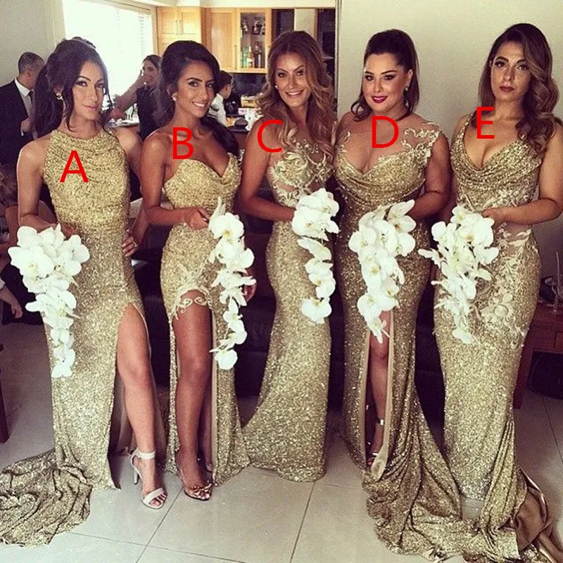

Sexy 6 Styles Mermaid Gold Bridesmaid Dresses Unique Backless Different Neckline Elegant Prom Gowns for Wedding Party