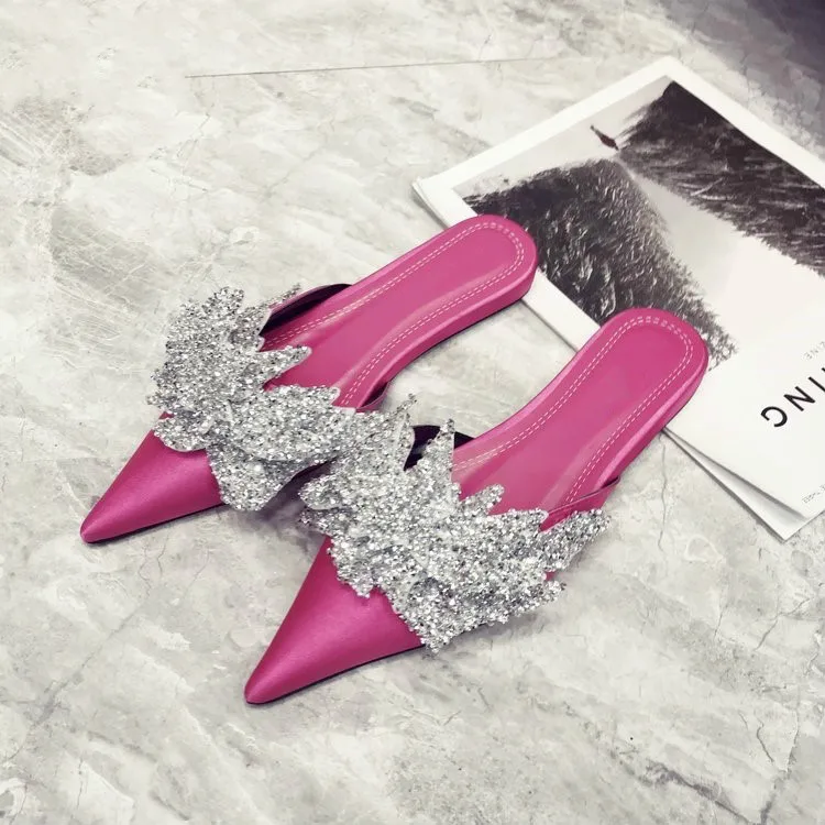 

Женские Сатиновые шлепанцы, с острым носком, с цветами, стразы, 2019