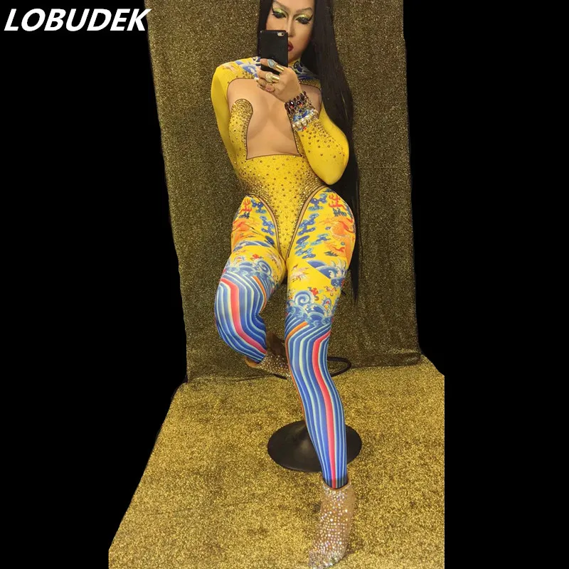 

Sparkly rhinestones sexy female jumpsuit gold print Rompers singer Party Court bodysuit Steel tube dance costumes DJ Show