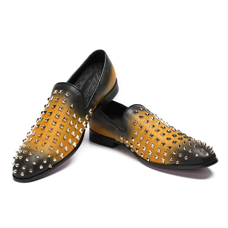 Deification Runway Moccasins Rivets Studded Mens Loafers Slip-On Casual Dress Male Flats Genuine Leather Italian Style Men Shoes | Обувь
