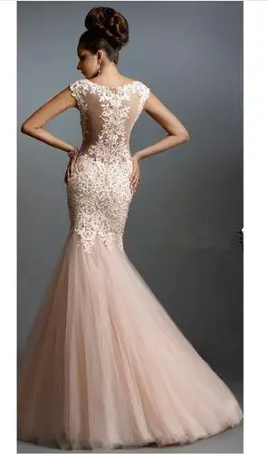 Mermaid Janique Long Evening Dresses 2016 Ruffles Sheer Bateau Backless Cap Sleeve Coral Applique Sequins Beaded Prom Gown | Свадьбы и