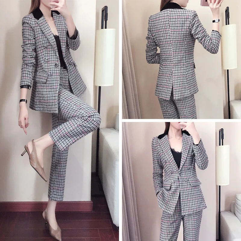 New 2019 Womens Two Piece Sets Tweed Set Lattice Outfit Plus Size Korean Version of Temperament Slim Thin Suit | Женская одежда