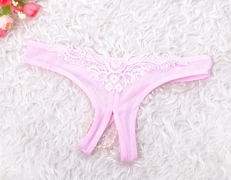 Pink Женские сексуальные трусики с вырезами, кружевные стринги, сексуальное нижнее белье, открытая промежность, трусы с жемчугом, сексуальное нижнее белье, сексуальные эротические трусы - Цвет: Pink