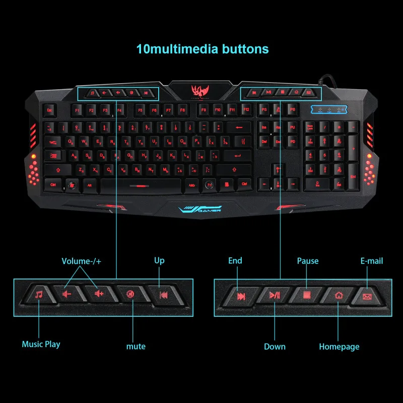 FastDisk Английский Русский игровой full клавиатуры USB проводной Подсветка LED
