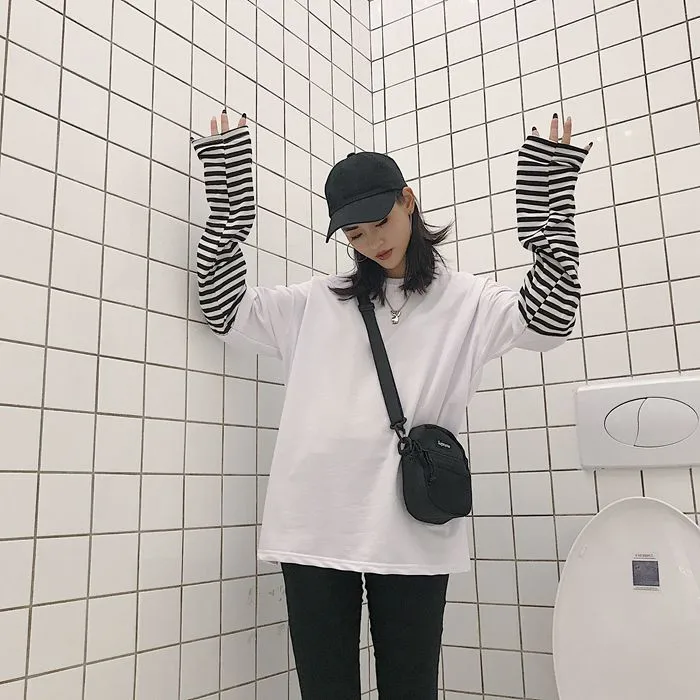Polera Mujer, женская модная футболка, корейский стиль, Ulzzang, Harajuku, имитация двух частей, полосатая футболка, Женский Топ с длинным рукавом