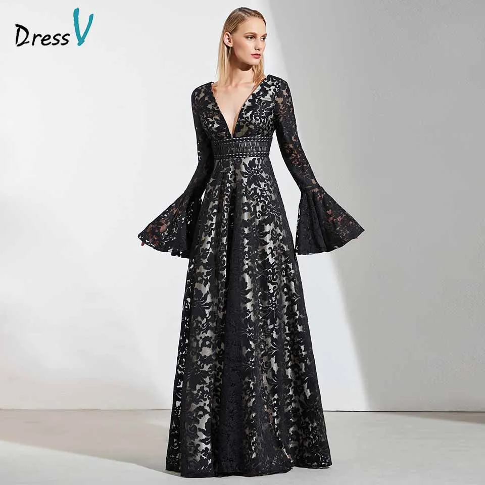 

Dressv black v neck lace long sleeves evening dress backless floor-length wedding party formal dress a line evening dresses