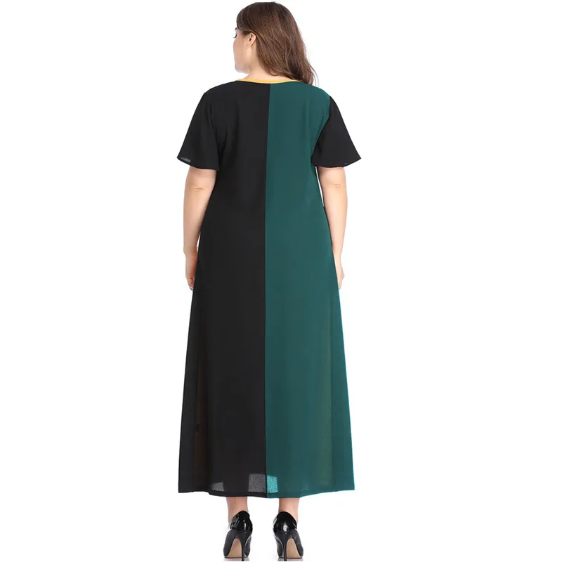 Vestido летнее платье женщина XL-5XL большой Размеры платье V Neck контраст Цвет короткий рукав Femme плюс Размеры длинное платье HY88061