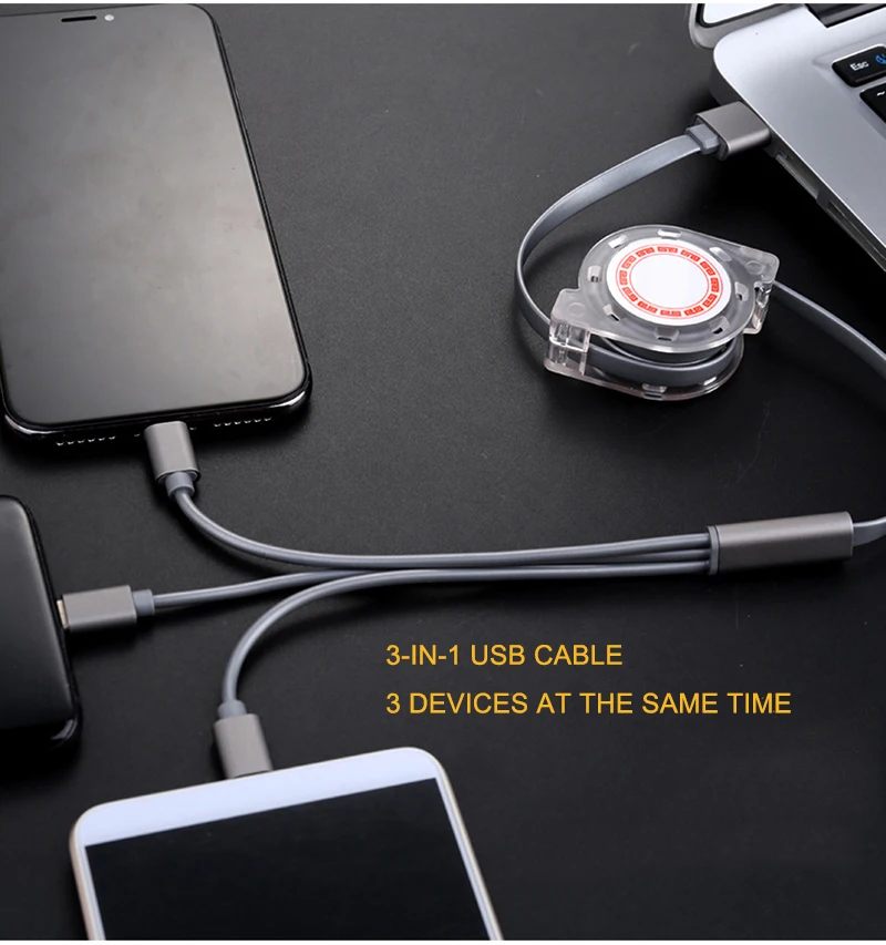 3 в 1 USB кабель 2.4A Быстрая зарядка кабель Регулируемый для iPhone 8 7 6 Android Micro USB кабель для lightning Тип usb C Mobile