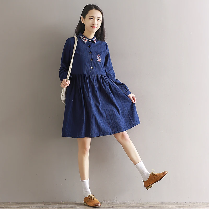 2019 new women Autumn Vintage cotton fresh heart embroidery slim dresses Women's Spring retro clothes plus size casual dress | Женская