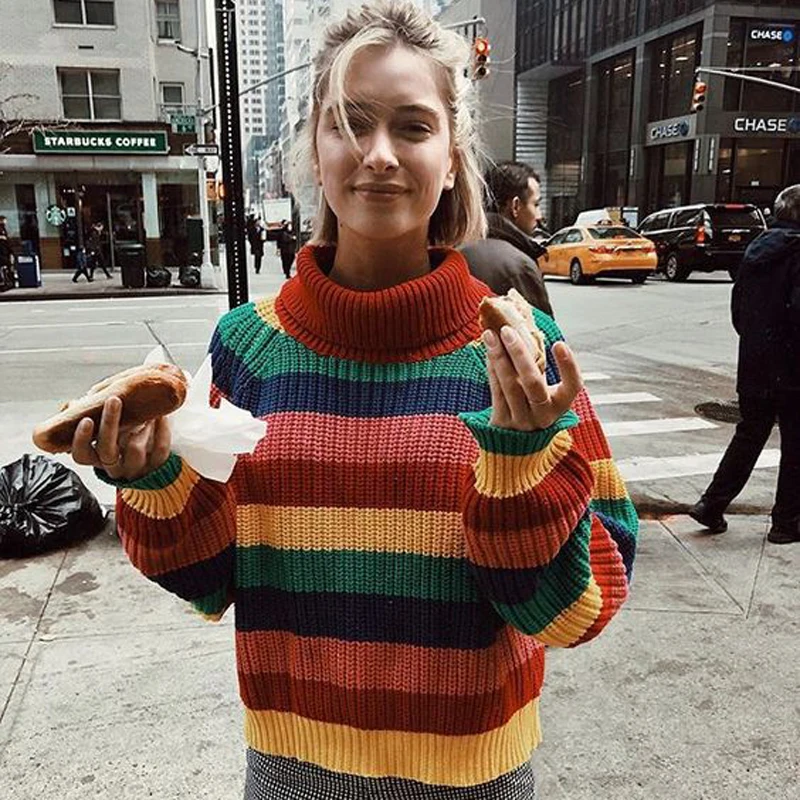 Women Colorful Rainbow Stripe Turtleneck Sweater INS Fashion Girls Pullovers Spring Knitwear Loose Jumpers | Женская одежда