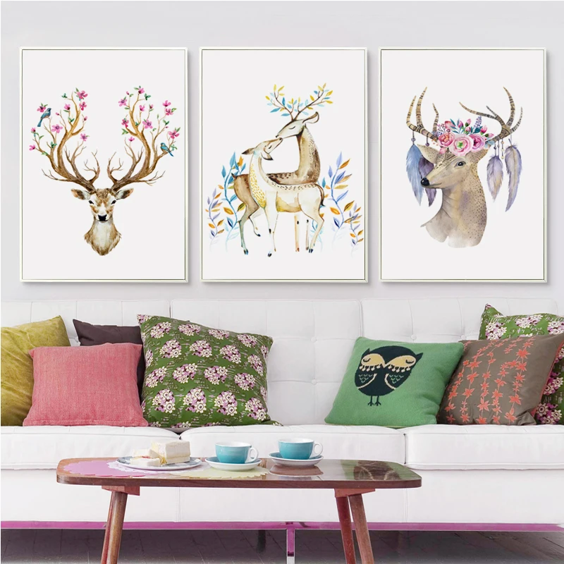 Elegant Poetry Watercolor Deer And Flower Bird Canvas Digital Painting Art Print Poster Picture Mural Home Bedroom Decoration | Дом и сад