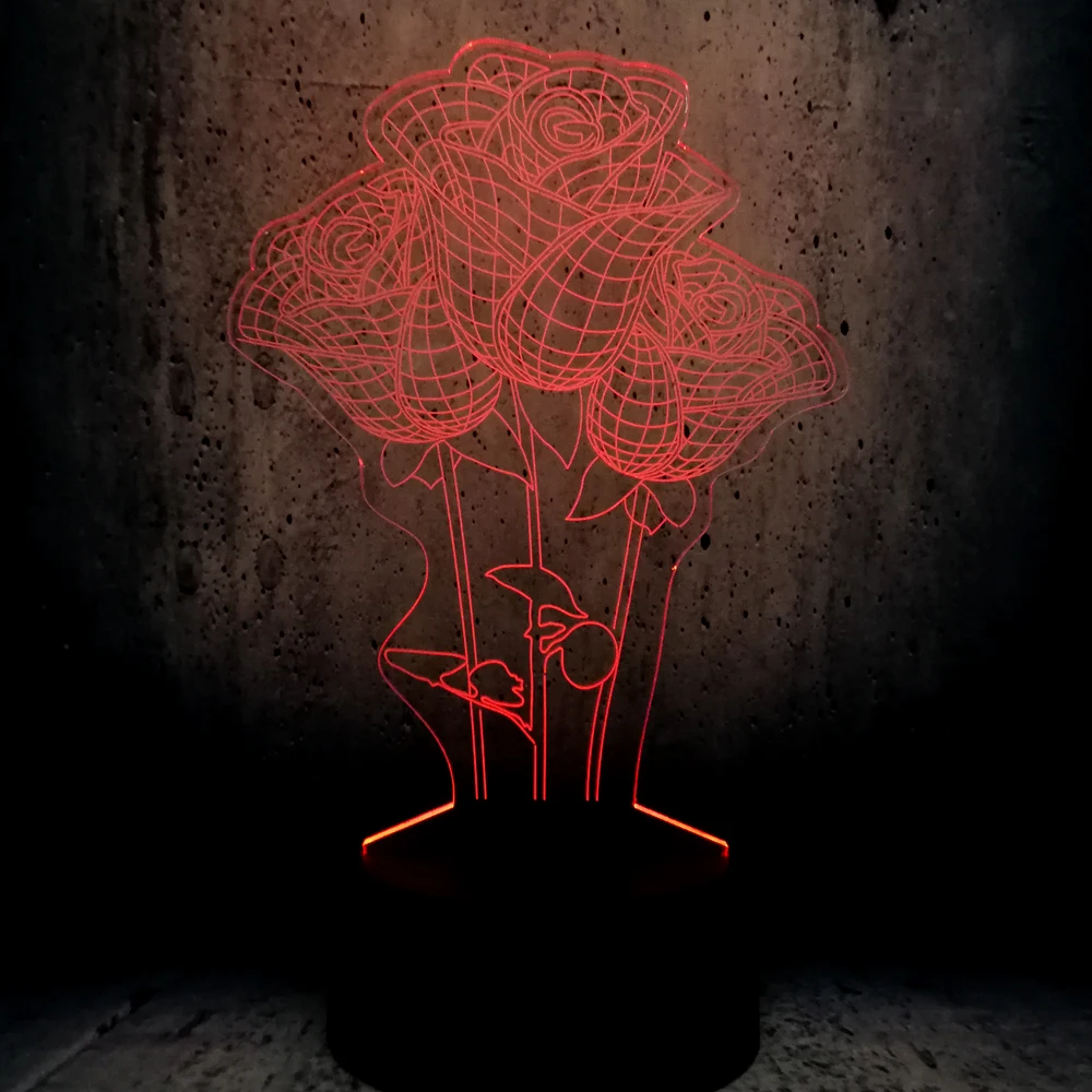 Светильник в форме букета цветов "Роза" 3D с LED-подсветкой для ночного освещения в праздничной комнате, декор для девушки в День Святого Валентина, создание настроения.