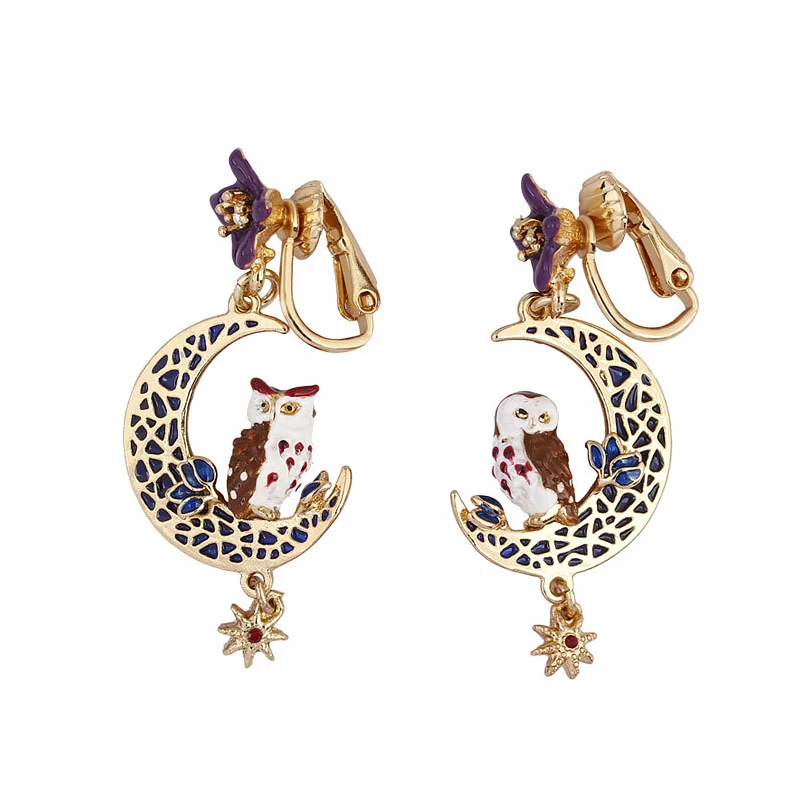 Clip Earrings Ретро Роскошная лента дизайн ювелирные изделия Тонкая Асимметричная серьга эмаль цветок серьги Сова Полые Луна звездопад серьги для женщин - Окраска металла: Clip Earrings