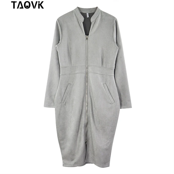 TAOVK High Street Suede Платье женское с длинным рукавом Bodycon платье с молнией винтажный воротник-стойка офисные женские платья