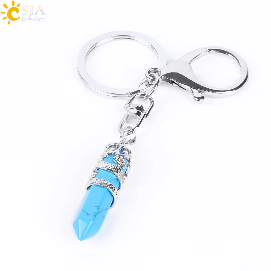 Blue Turquoise CSJA, брелки с натуральным драгоценным камнем, шестиугольная призма, подвеска, лазурит, белый кристалл, опал, для DIY, автомобильные брелоки, цепочки E824 - Цвет: Blue Turquoise