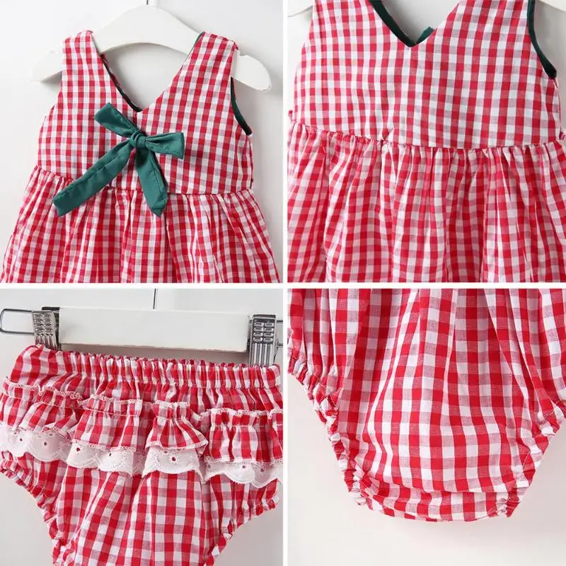 2 шт./компл. летний сарафан в клетку с бантом и кружевом для девочек +