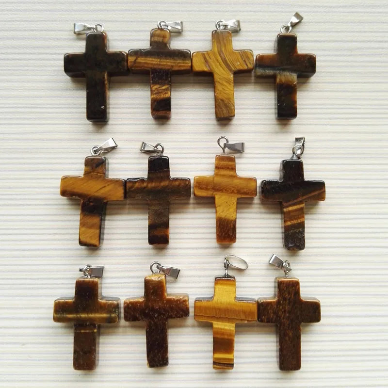 

2019 Fashion Cross Tiger eye Natural stone pendants for women 12pcs/lot jewelry making charm Necklace accessories free shipping