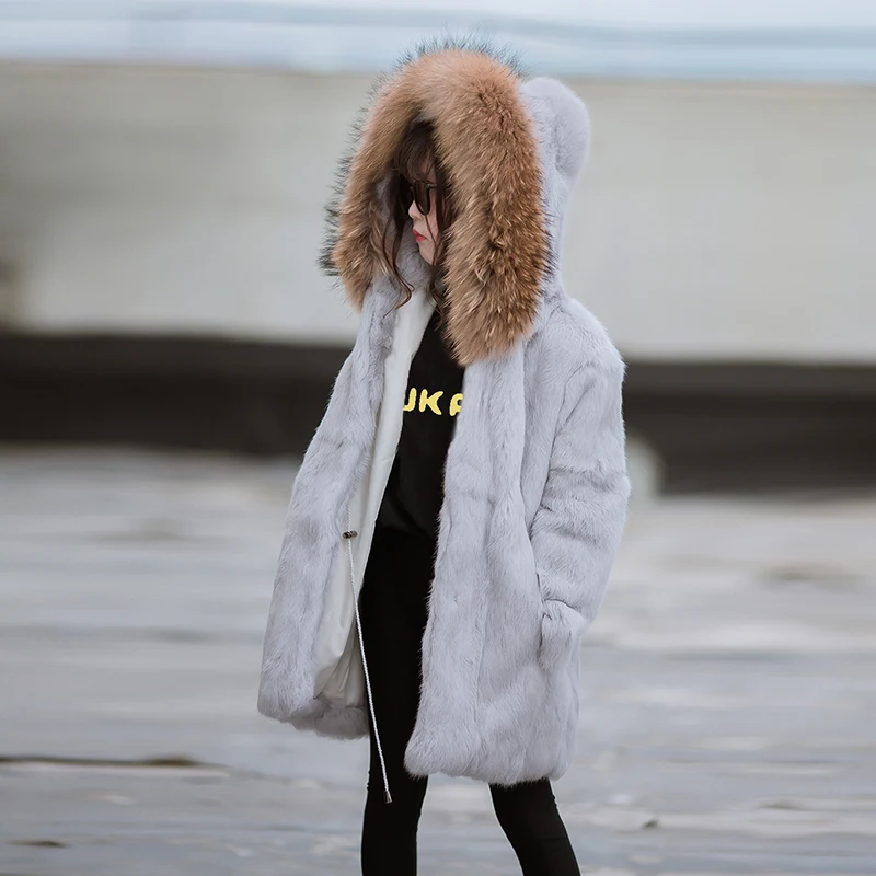 JKP 2022new winter children Real rabbit fur coat children girls solid warm Natural raccoon fur Collar coat