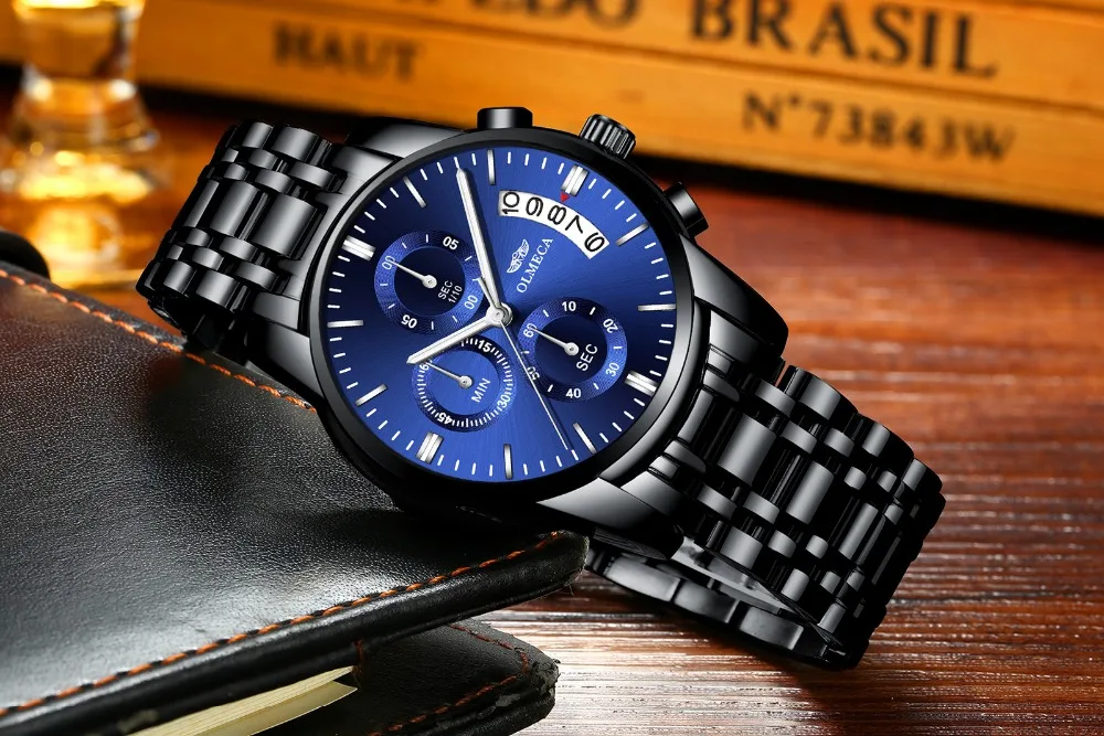Men Watches OLMECA Brand Watch Military Relogio Masculino Chronograph Wrist Female Clock Black Stainless Steel Blue Dial | Наручные часы