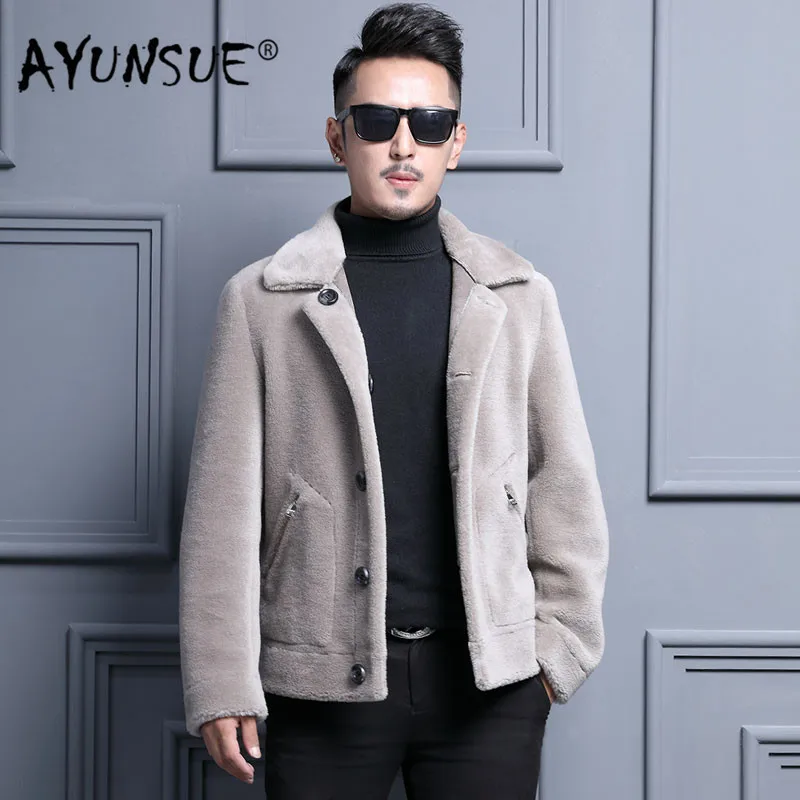 

AYUNSUE Men's Fur Coat Winter Sheep Shearling Real Wool Coat Short Leather Jacket Men Overcoat Korean Erkek Mont LM-182088 YY273