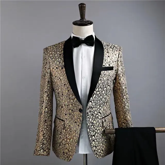 

Mens Black Shawl Collar Gold Jacquard Scale Pattern Slim Fit Suits Wedding Groom Stage Singer Latest Coat Pant Designs