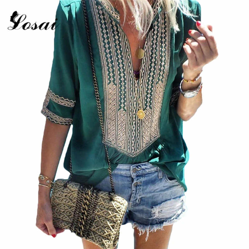 Женская пляжная туника Boho летняя с коротким рукавом и треугольным вырезом