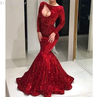 xingpulaner new arrival long evening dress sexy mermaid long sleeve cut out elegant women red formal evening party gowns
