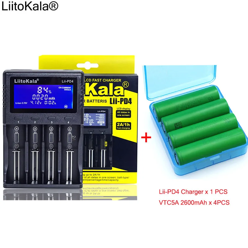 

1pcs New LiitoKala lii-PD4 LCD 3.7V 18650 21700 battery Charger+ 4pcs 3.6V VTC5A 2600mAh Rechargeable battery batteries