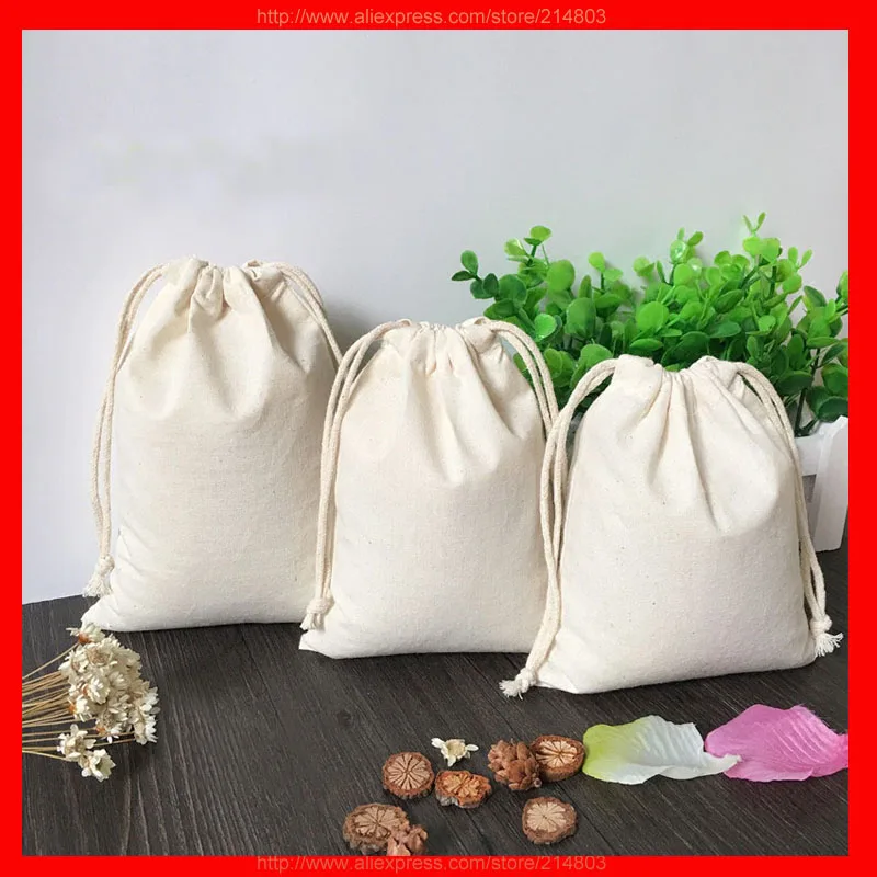 (100pcs/Pack) Wholesale Eco Reusable Natural Cotton bag Drawstring Pouch Sack for Packaging