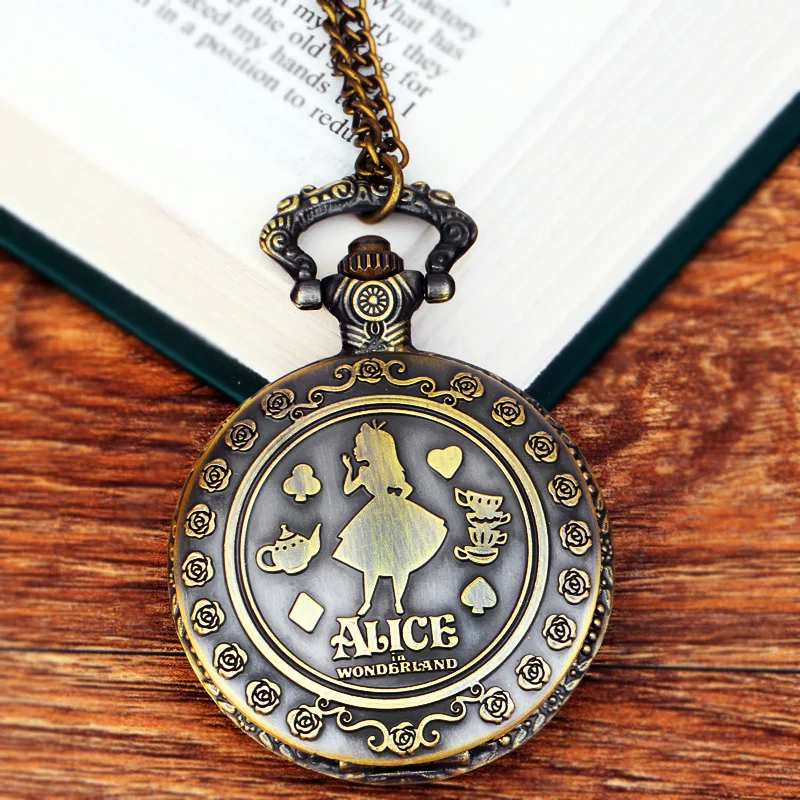 Новинка 2019 ретро бронзовые кварцевые карманные часы с темой Alice in Wonderland винтажные