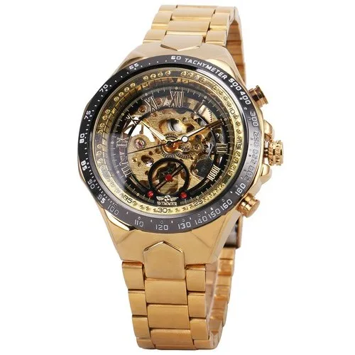Новинка, часы WINNER Relojes, Топ бренд, мужские, классические, нержавеющая сталь, самовзводные, скелет, механические часы, модные, крест, наручные часы - Цвет: gold black