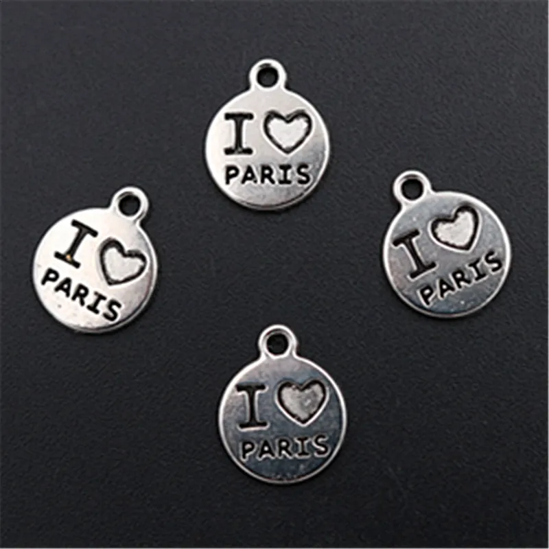 

WKOUD 20pcs Silver Plated I love Paris charm fashion necklace Bracelet DIY lettering metal jewelry round alloy pendants A1408