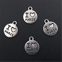 wkoud 20pcs silver plated i love paris charm fashion necklace bracelet diy lettering metal jewelry round alloy pendants a1408