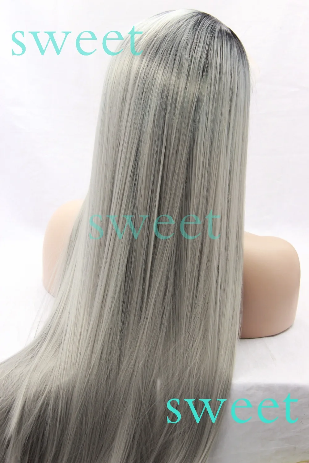 Шелковый Прямо Ombre Серебряный Серый Синтетический Парик Фронта Шнурка Glueless Два
