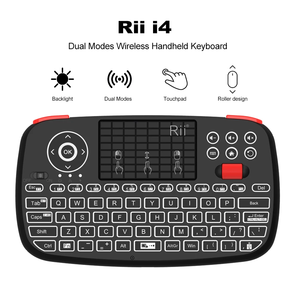 

Rii i4 Mini Bluetooth Keyboard 2.4GHz Dual Modes Handheld Fingerboard Backlit Mouse Touchpad Remote Control for Windows Android