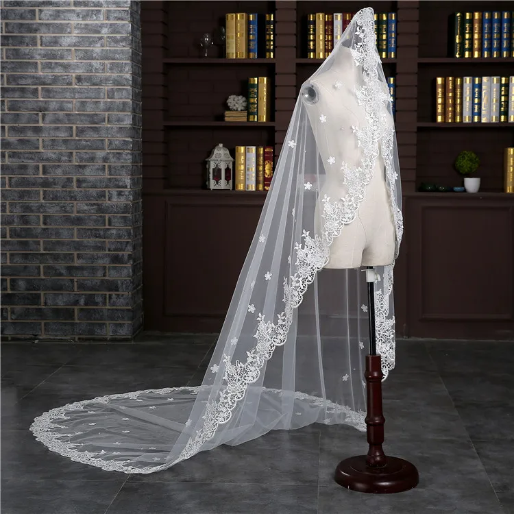 

1.5Meter White Ivory Luxury LongWedding Flower Lace Edge Bridal Veil with Comb Wedding Accessories Bride Muslim Boda Mariage